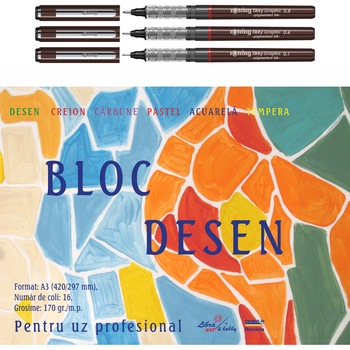 Set Rotring 3 linere Tikky Graphic 0.1/0.4/0.8 + bloc desen A3, 16 file Set Rotring 3 linere Tikky Graphic 0.1/0.4/0.8 + bloc desen A3, 16 file