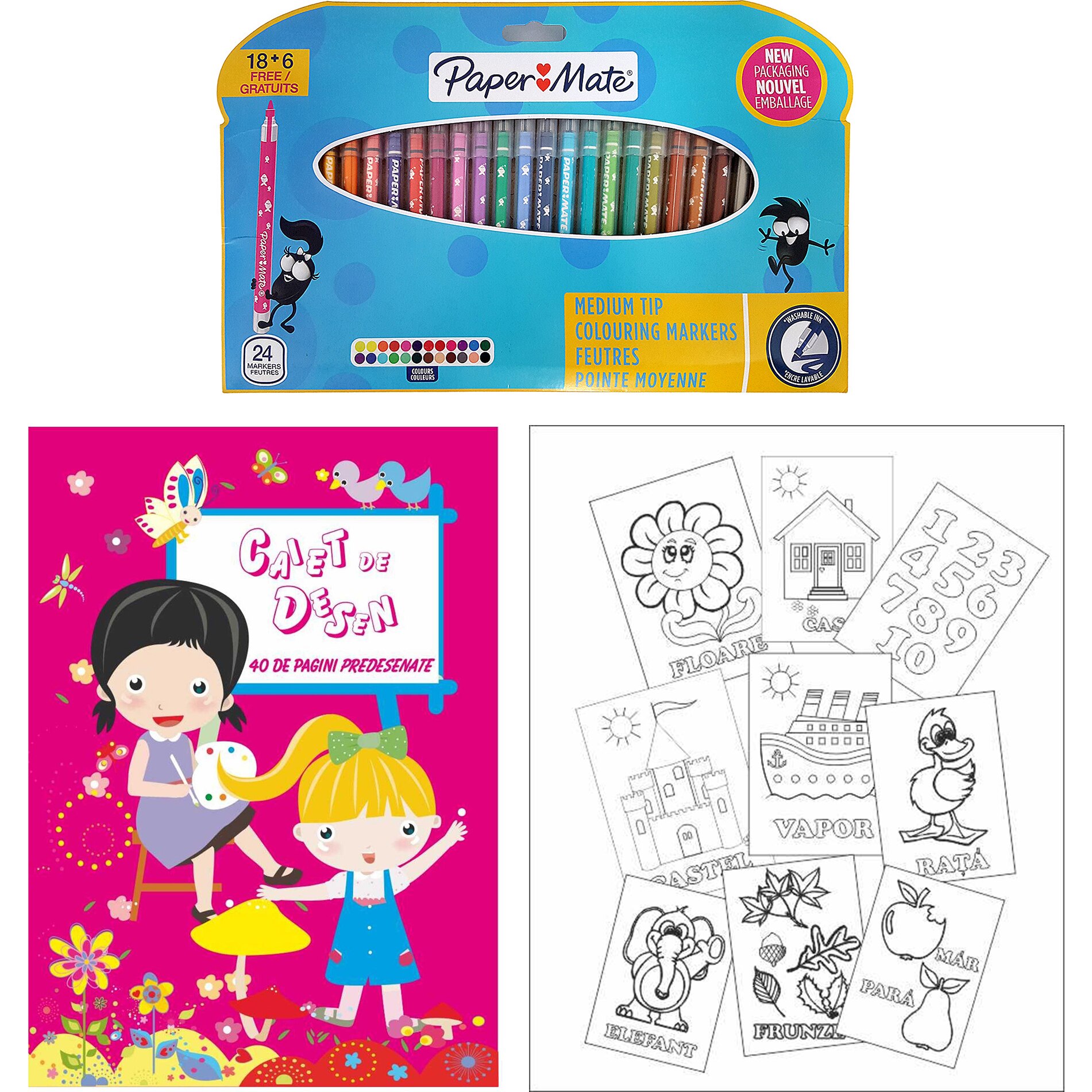 Set PaperMate 24 carioci colorate + Caiet de colorat A4, 40 pagini predesenate fete