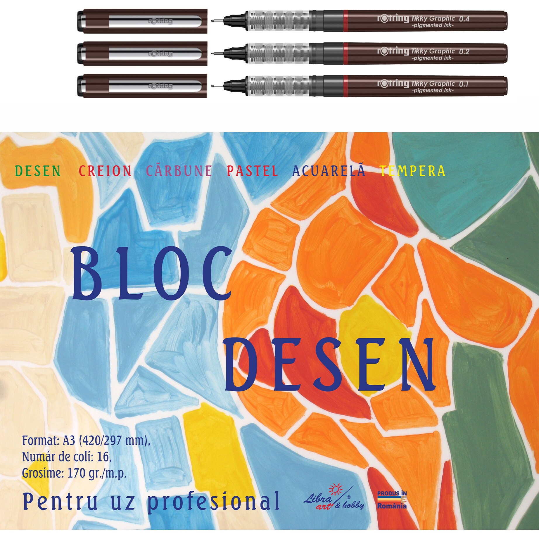 Set Rotring 3 linere Tikky Graphic 0.1/0.2/0.4 + bloc desen A3, 16 file