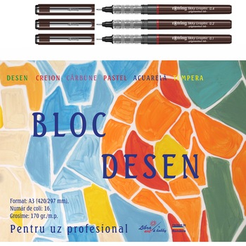 Set Rotring 3 linere Tikky Graphic 0.1/0.2/0.4 + bloc desen A3, 16 file Set Rotring 3 linere Tikky Graphic 0.1/0.2/0.4 + bloc desen A3, 16 file