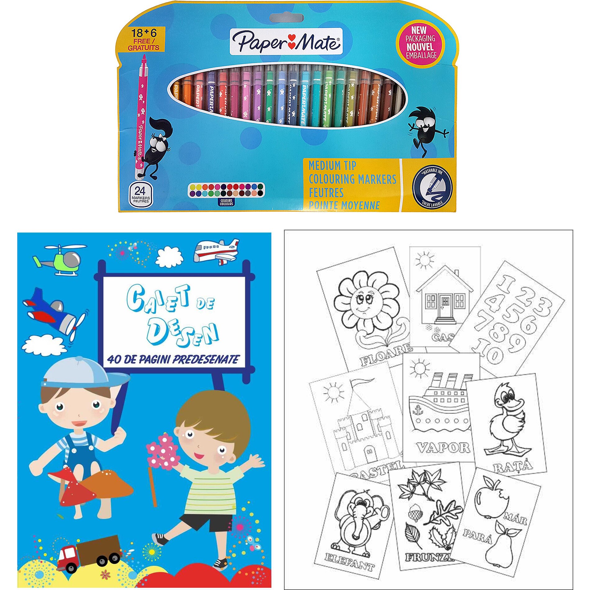Set PaperMate 24 carioci colorate + Caiet de colorat A4, 40 pagini predesenate baieti