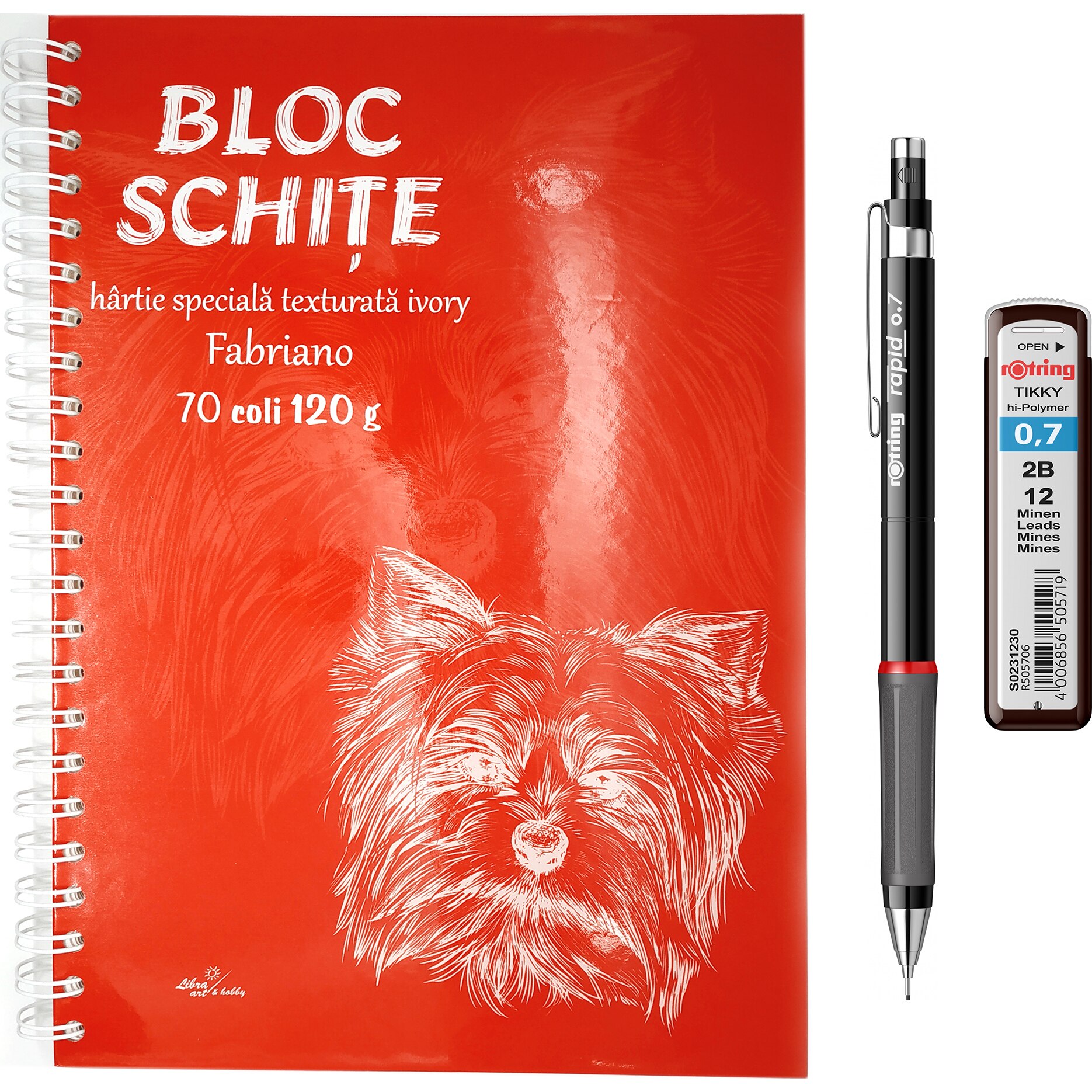 Set Rotring creion mec Rapid XL 0.7 mm + etui 12 mine 2B + caiet schite A4, 70 file