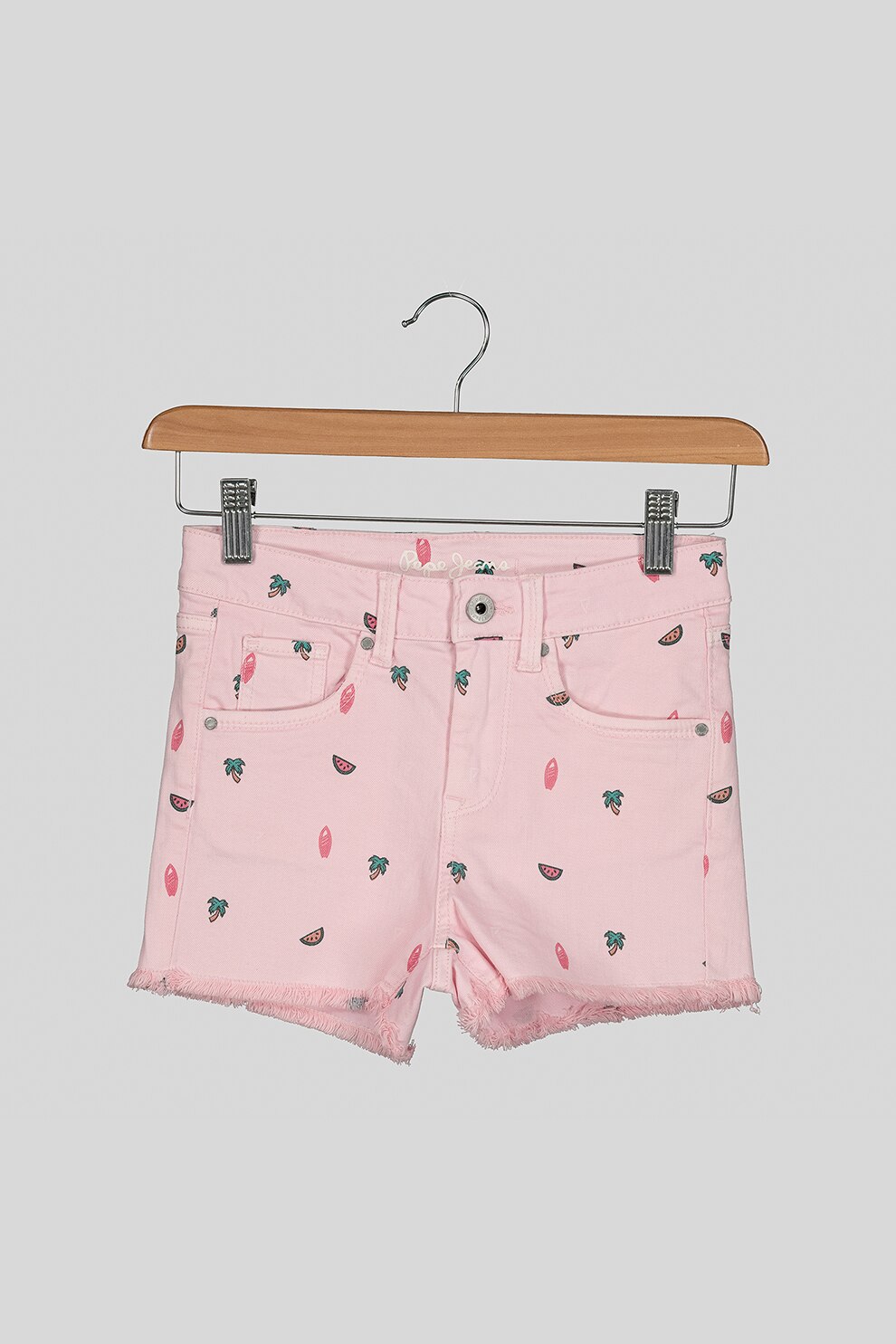 Pepe Jeans London, Pantaloni scurti din denim cu imprimeu tropical Elsy, Roz pastel/Verde