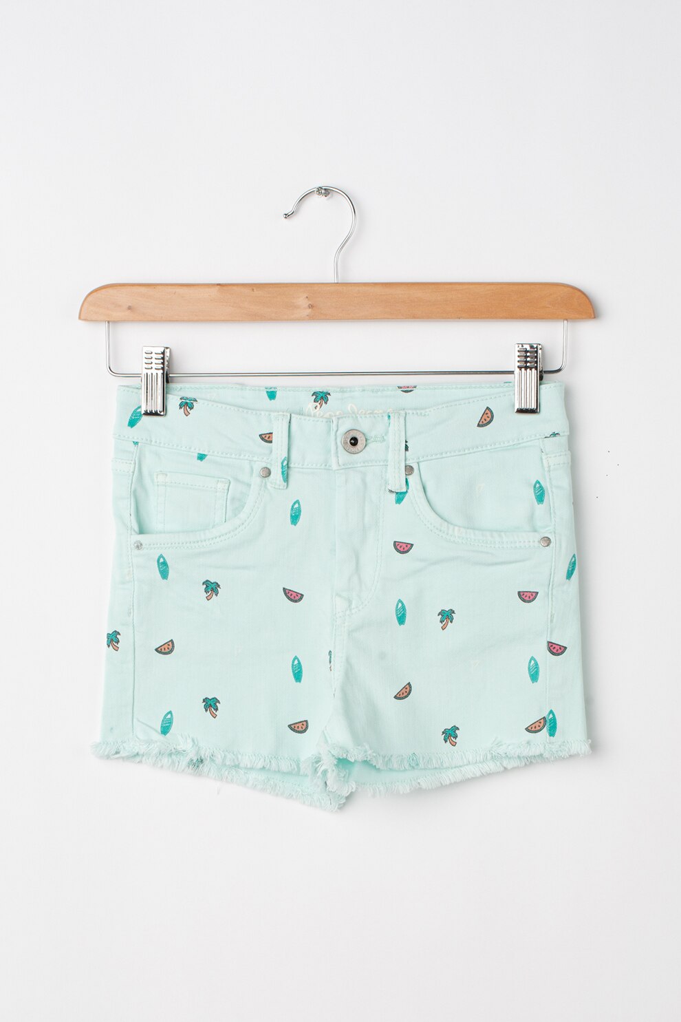 Pepe Jeans London, Pantaloni scurti din denim cu imprimeu tropical Elsy, Verde menta/Roz