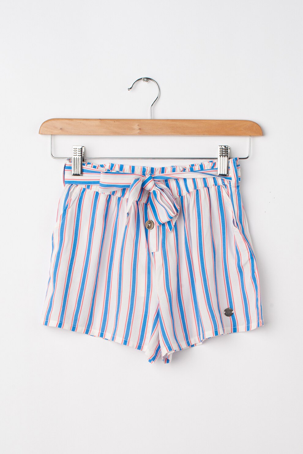 Pepe Jeans London, Pantaloni scurti din bumbac cu model in dungi Oli, Alb prafuit/Albastru/Roz