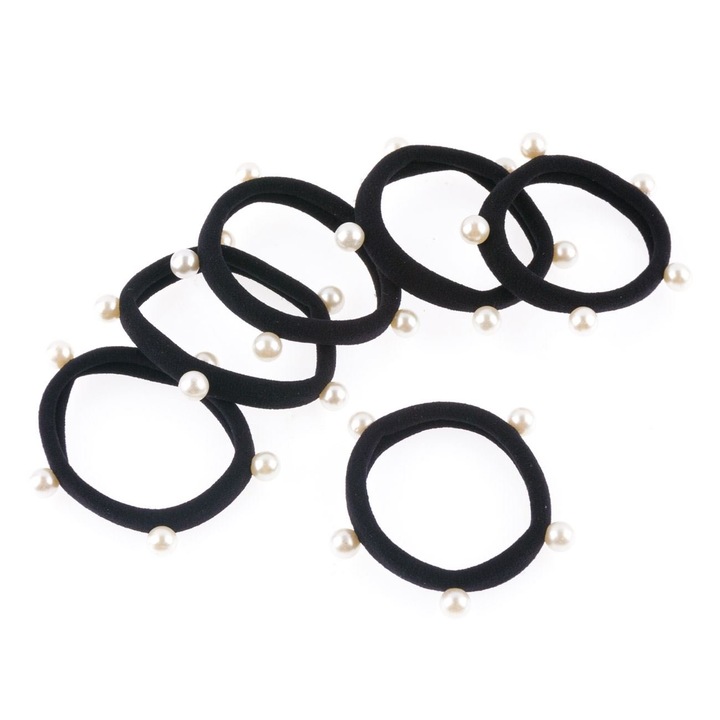 Комплект от 6 броя ластици за коса с бели перли, DecorCasa