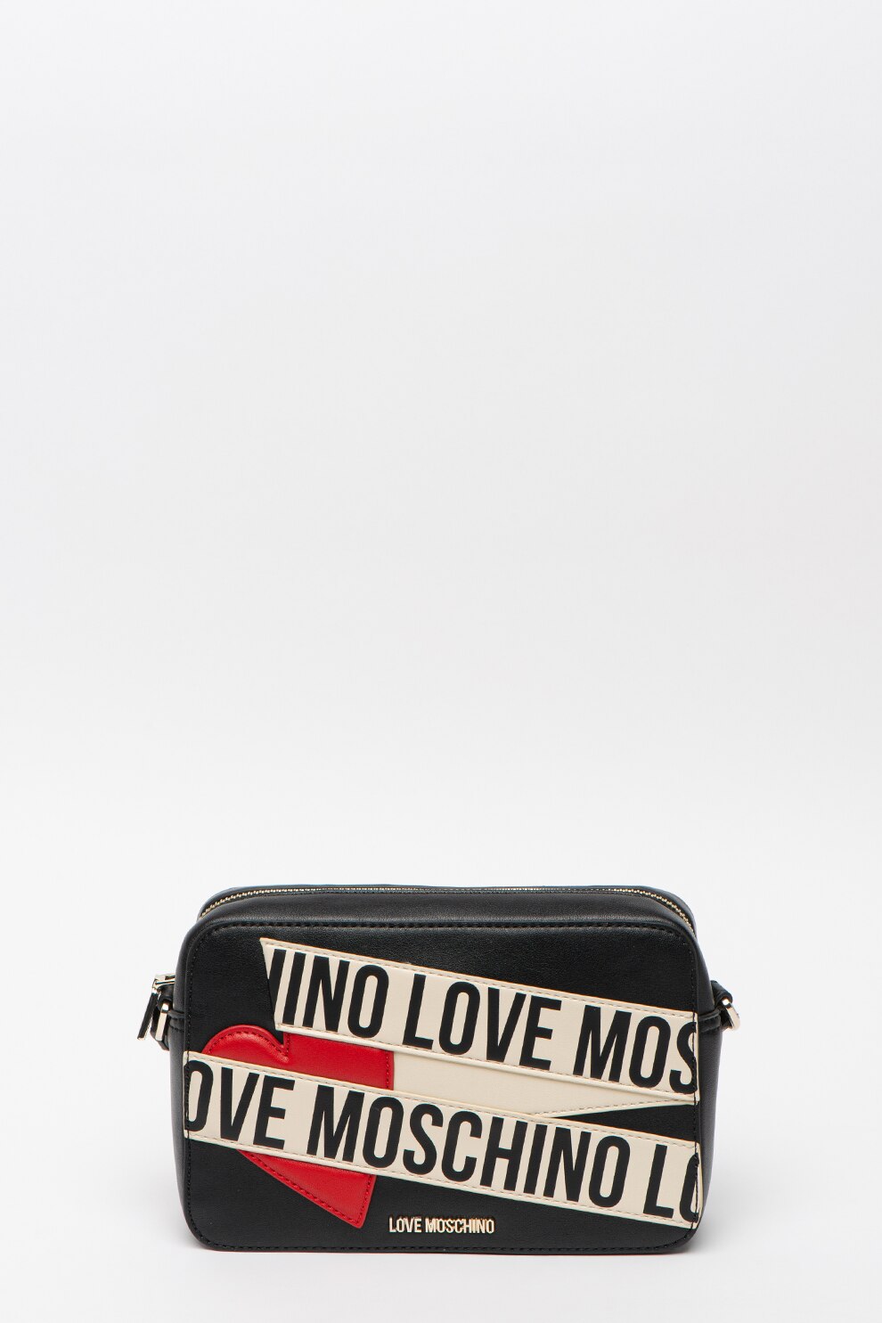 Love Moschino, Geanta crossbody de piele ecologica cu logo, Negru/Crem/Rosu