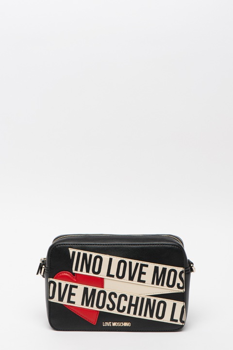 Love Moschino, Чанта от еко кожа с лого, Черен / Крем / Червен