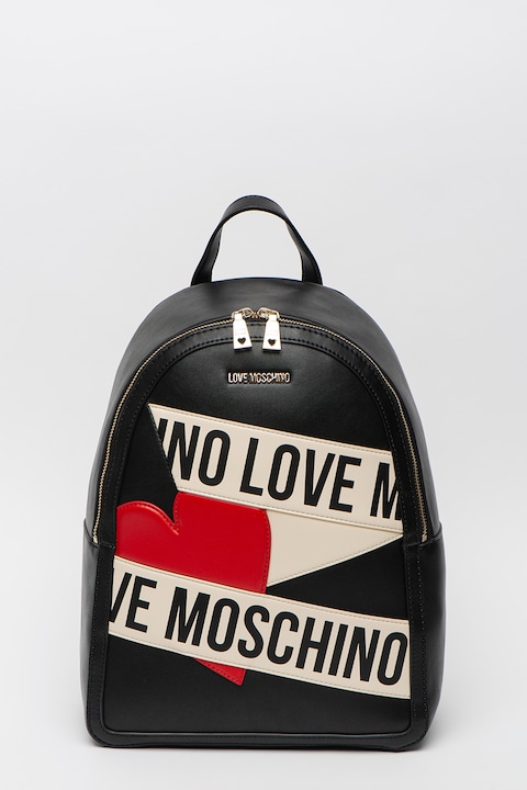 Love Moschino, Раница от еко кожа с лого, Черен / Крем / Червен