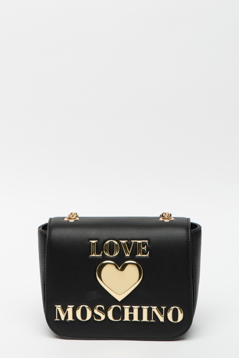 Love Moschino, Чанта от еко кожа с лого, Черен / Светлозлатист