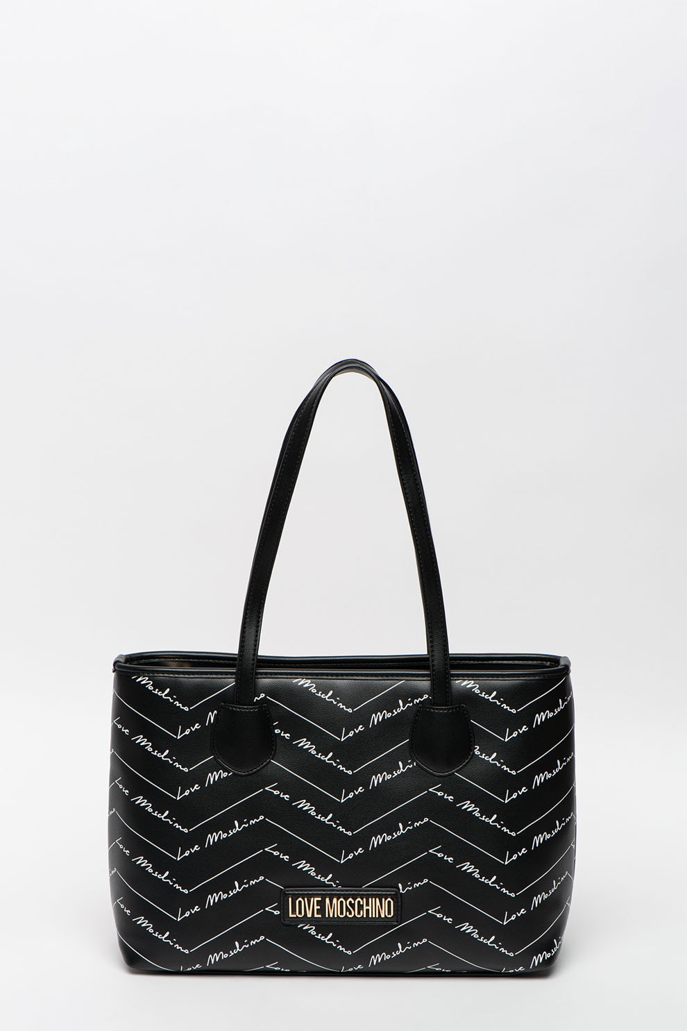 Love Moschino, Geanta din piele ecologica cu bareta de umar si model chevron, Negru