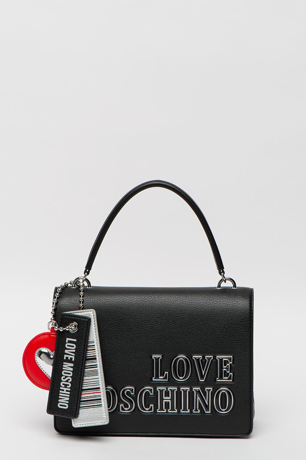 Love Moschino, Geanta din piele ecologica cu maner si aplicatie logo metalica, Negru