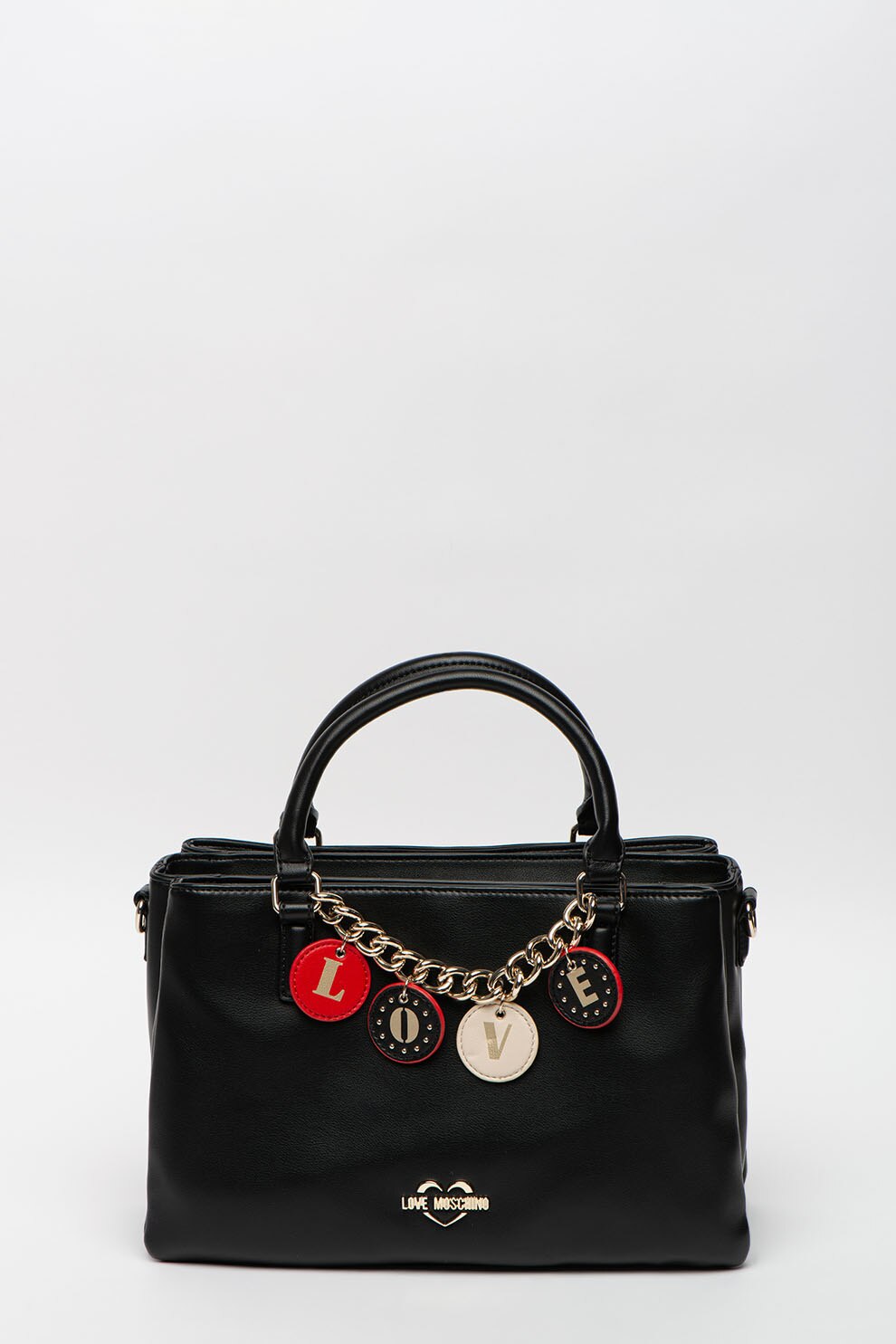 Love Moschino, Geanta din piele ecologica cu bareta de umar si accesoriu tip lant, Negru