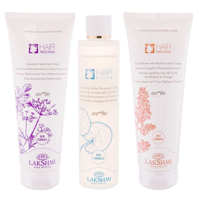 Set 3 produse bio-organice pentru ingrijirea parului deteriorat si a scalpului sensibil si iritat, sampon cu centella asiatica 200ml, masca cu ierburi aromatice 250ml si balsam cu patchouli si portcocal 250ml, Lakshmi