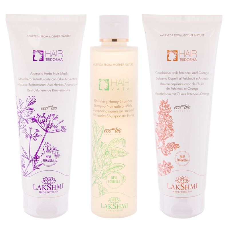 Set 3 produse bio-organice pentru ingrijirea parului fragil, uscat si deshidratat, sampon cu miere 200ml, masca cu ierburi aromatice 250ml si balsam cu patchouli si portcocal 250ml, Lakshmi