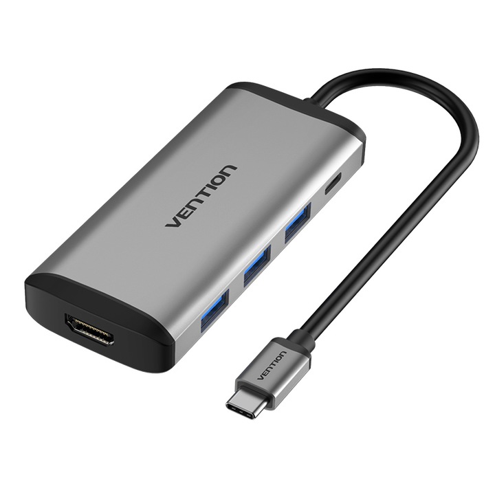Hub USB tip C 5 in 1 - Port USB de incarcare , USB 3.0, HDMI si PD , 4K Ultra HD , Macbook si Windows, Vention