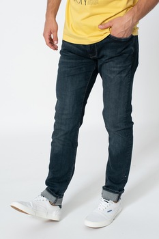 Pepe Jeans London, Blugi conici cu talie medie Stanley, Albastru prafuit Pepe Jeans London, Blugi conici cu talie medie Stanley, Albastru prafuit