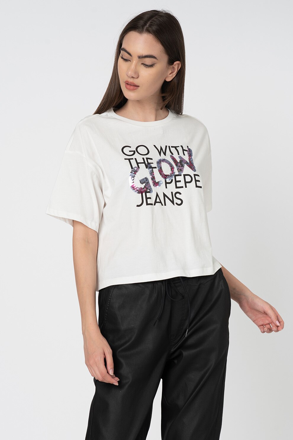Pepe Jeans London, Tricou cu imprimeu si paiete Adina, Alb, M