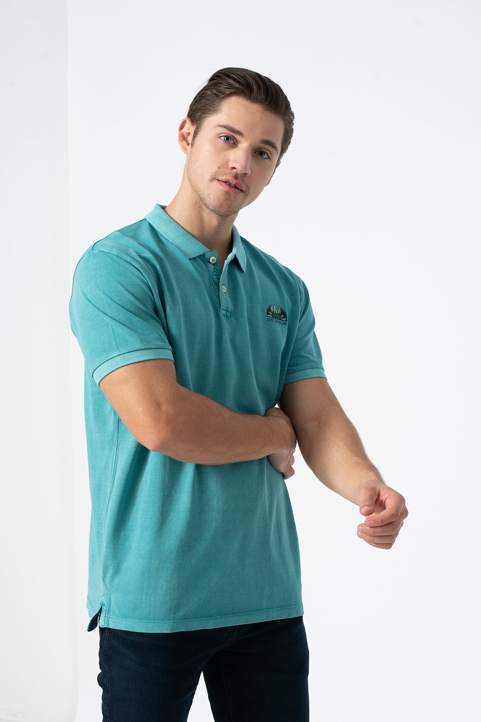 Pepe Jeans London, Tricou polo de bumbac cu detaliu logo Corwin, Turcoaz