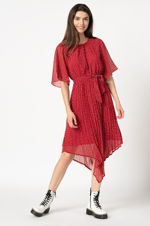 Pepe Jeans London, Piluca pliszírozott lágy esésű ruha szívecskés mintával, Sötétpiros, L