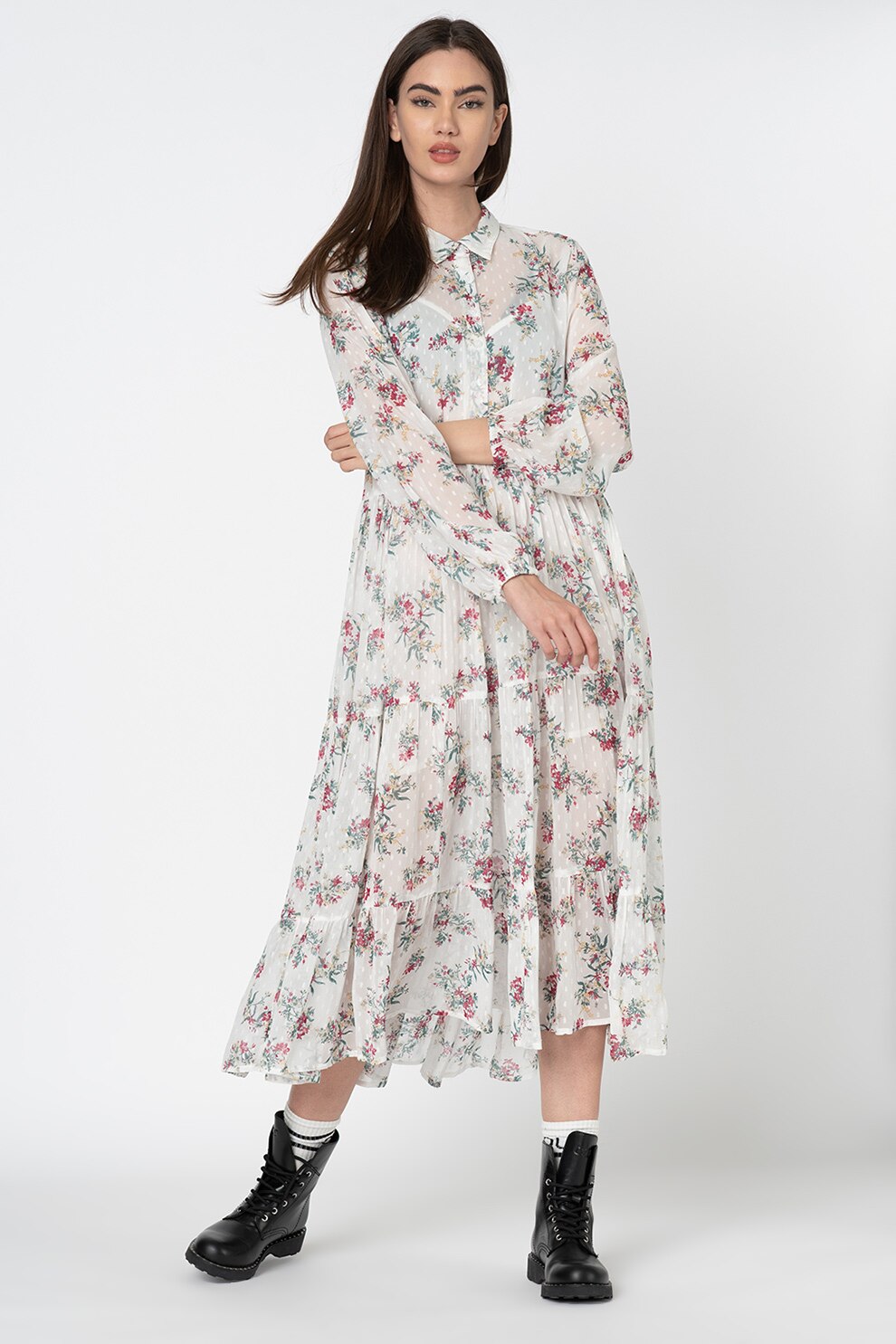 Pepe Jeans London, Rochie midi cu model floral Julianne, Alb