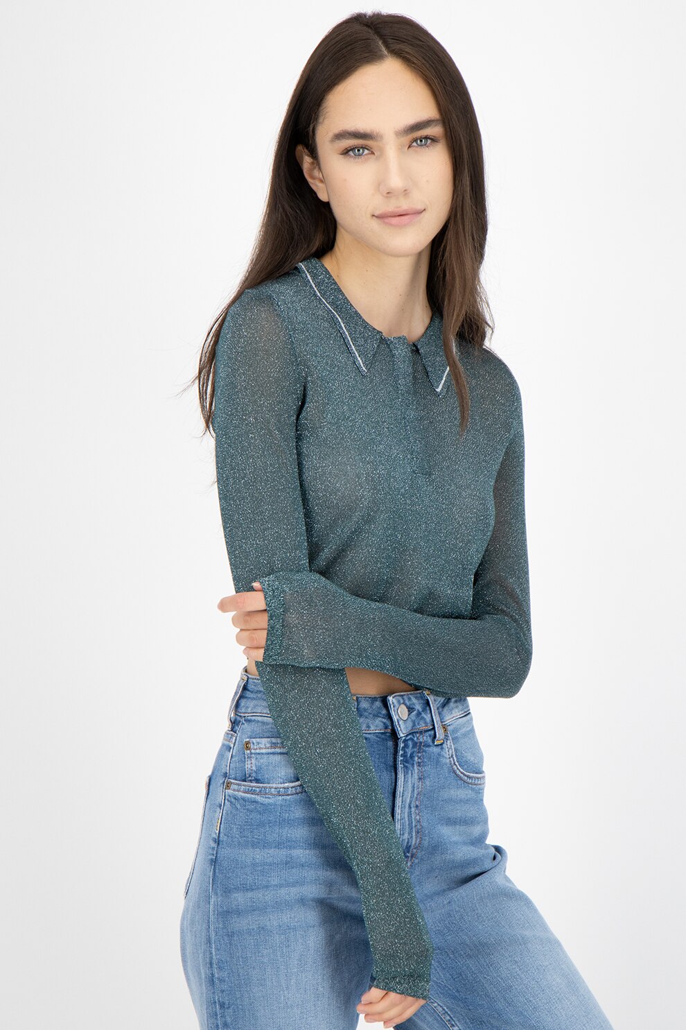 Pepe Jeans London, Pulover crop tricotat fin, Verde/Argintiu, L