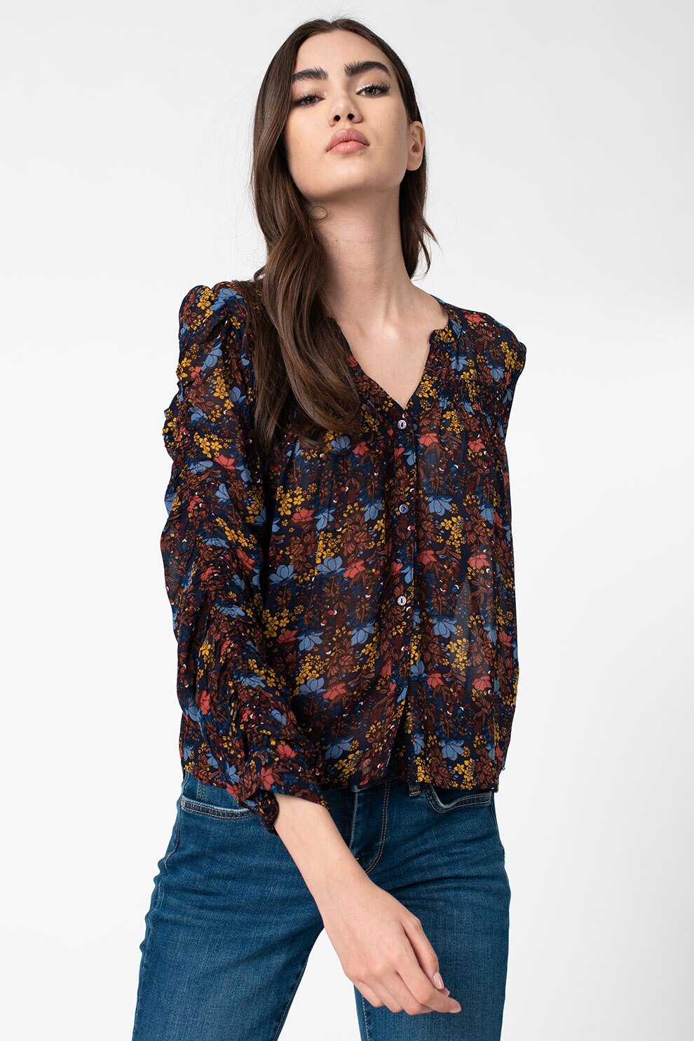 Pepe Jeans London, Camasa cu imprimeu floral Clea, Albastru/Galben/Maro, XS