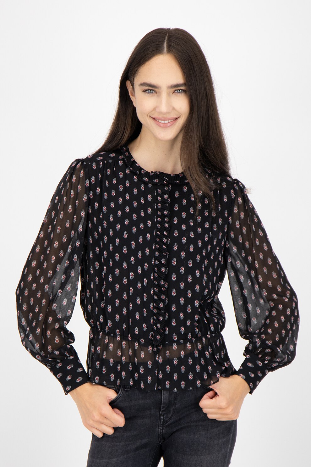 Pepe Jeans London, Bluza cu imprimeu si maneci semitransparente Nora, Bleumarin inchis/Rosu bordeaux/Alb