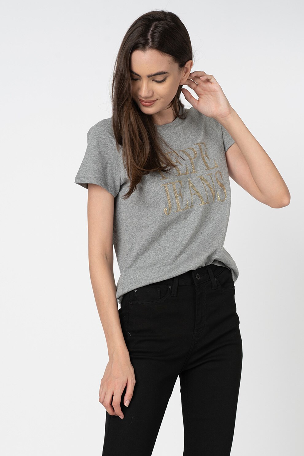 Pepe Jeans London, Tricou cu imprimeu stralucitor Lucila, Gri melange, XS