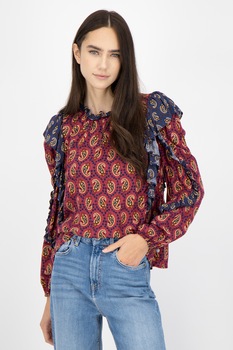 Pepe Jeans London, Bluza cu imprimeu si volane, Rosu Bordeaux/Albastru/Galben Pepe Jeans London, Bluza cu imprimeu si volane, Rosu Bordeaux/Albastru/Galben