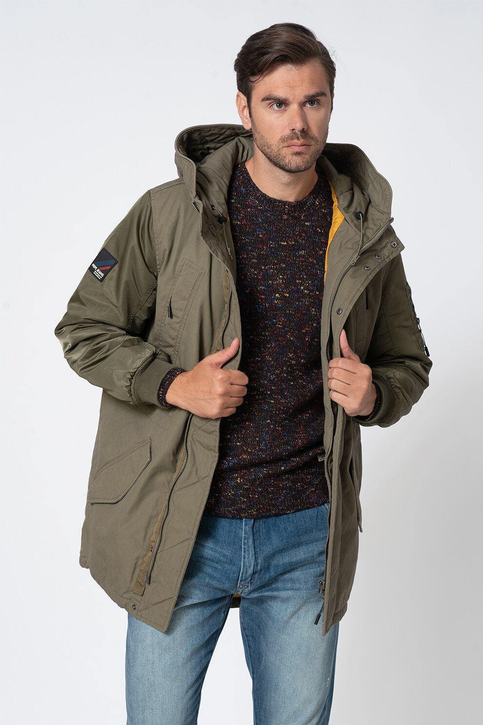 Pepe Jeans London, Jacheta parka cu buzunare multiple, Verde feriga