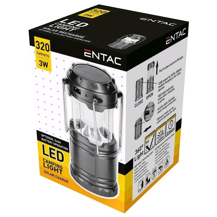 Set 3 felinare camping Entac, LED, incarcare solara, 3W, 320 lm, port USB, acumulator inclus, autonomie 8 ore