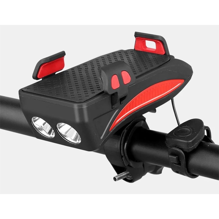 Huerler® 7496 kerékpár fényszóró, telefontartó, kürtjel, 2 x T6 LED, 400 lumen, 2000mAh akkumulátor, USB töltés, vízálló, 3 megvilágítási mód, fekete