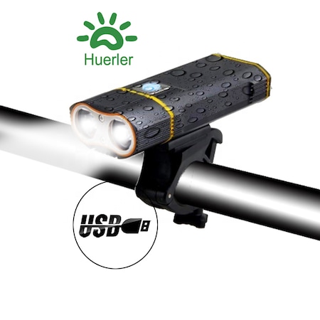 Far bicicleta cu suport telefon Huerler® Y1, 2 x Cree XM-L T6 LED, 2000 lumeni, aluminiu, acumulator 5200mAh, incarcare USB, rezistent la apa, 3 moduri de luminare, negru