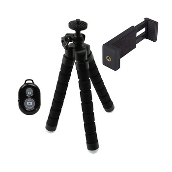 Trepied flexibil si suport telefon negru cu telecomanda bluetooth BTG-1022 Trepied flexibil si suport telefon negru cu telecomanda bluetooth BTG-1022