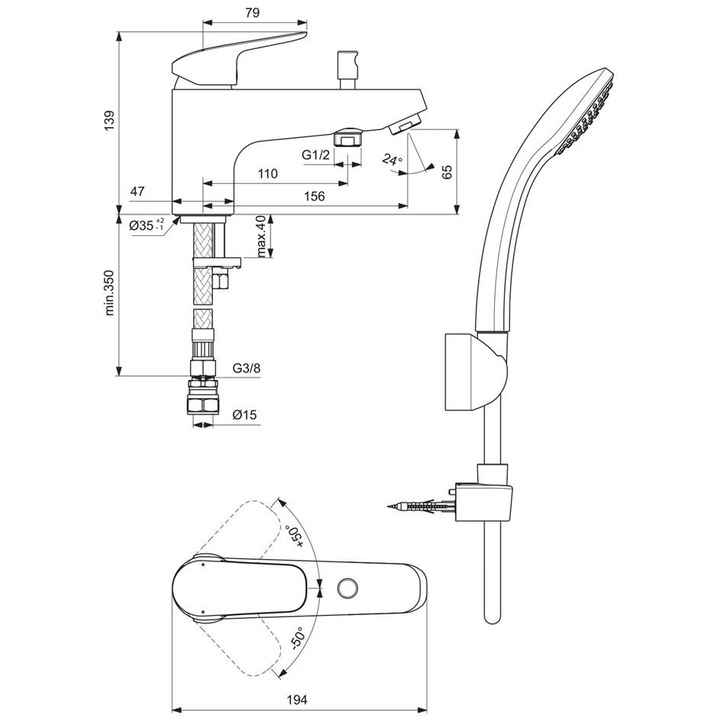 Смесител Ideal Standard Ceraflex, Вана-душ, С аксесоари, Стоящ, Керамичен механизъм