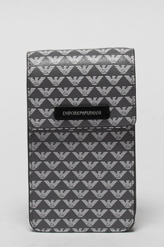 Emporio Armani, Etui crossbody cu monograma si garnituri de piele, Gri inchis Emporio Armani, Etui crossbody cu monograma si garnituri de piele, Gri inchis