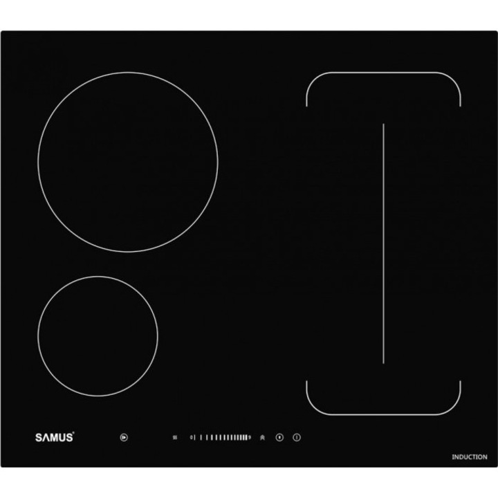 Индукционен котлон Samus PSI-64BG9, Ширина 60 см, 3 зони за готвене, Flex Zone, Keep Warm, Touch Control, Черен