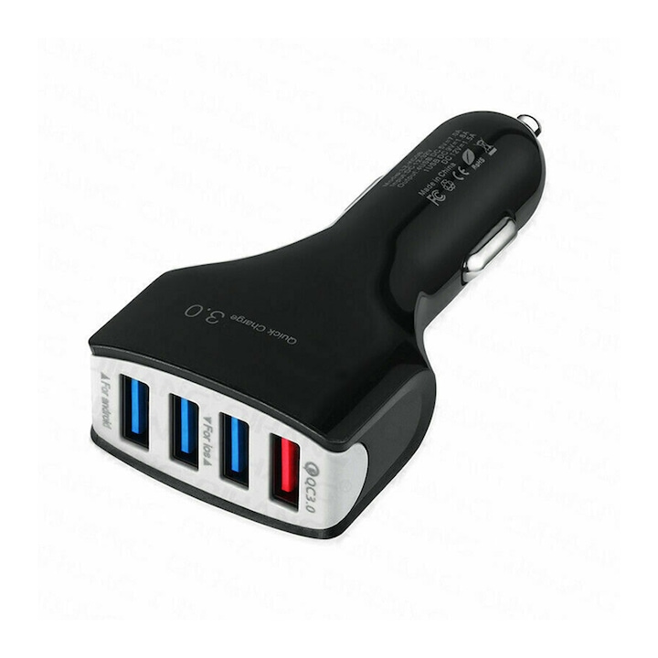 Зарядно за кола Fast Charge с 4 USB порта, черно За 12V контакт за кола, Android & iOs