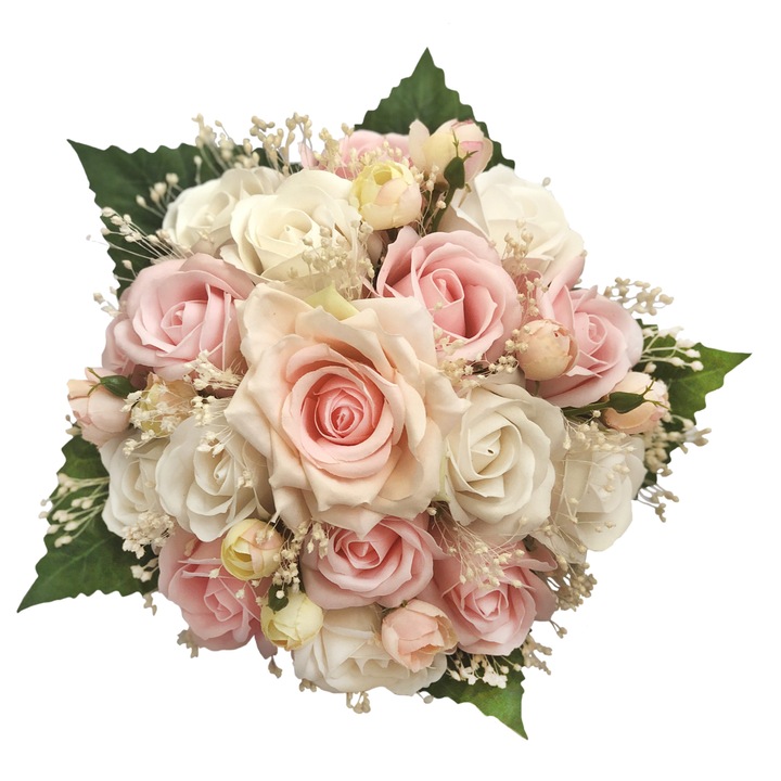 Buchet de Flori Eventissimi - 17 Trandafiri & Bujori, Alb/Roz, Floarea Miresei