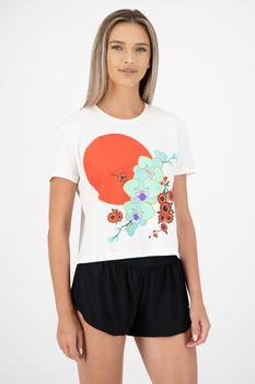 Puma, Tricou crop cu decolteu la baza gatului, Alb prafuit/rosu/verde, XS Puma, Tricou crop cu decolteu la baza gatului, Alb prafuit/rosu/verde, XS