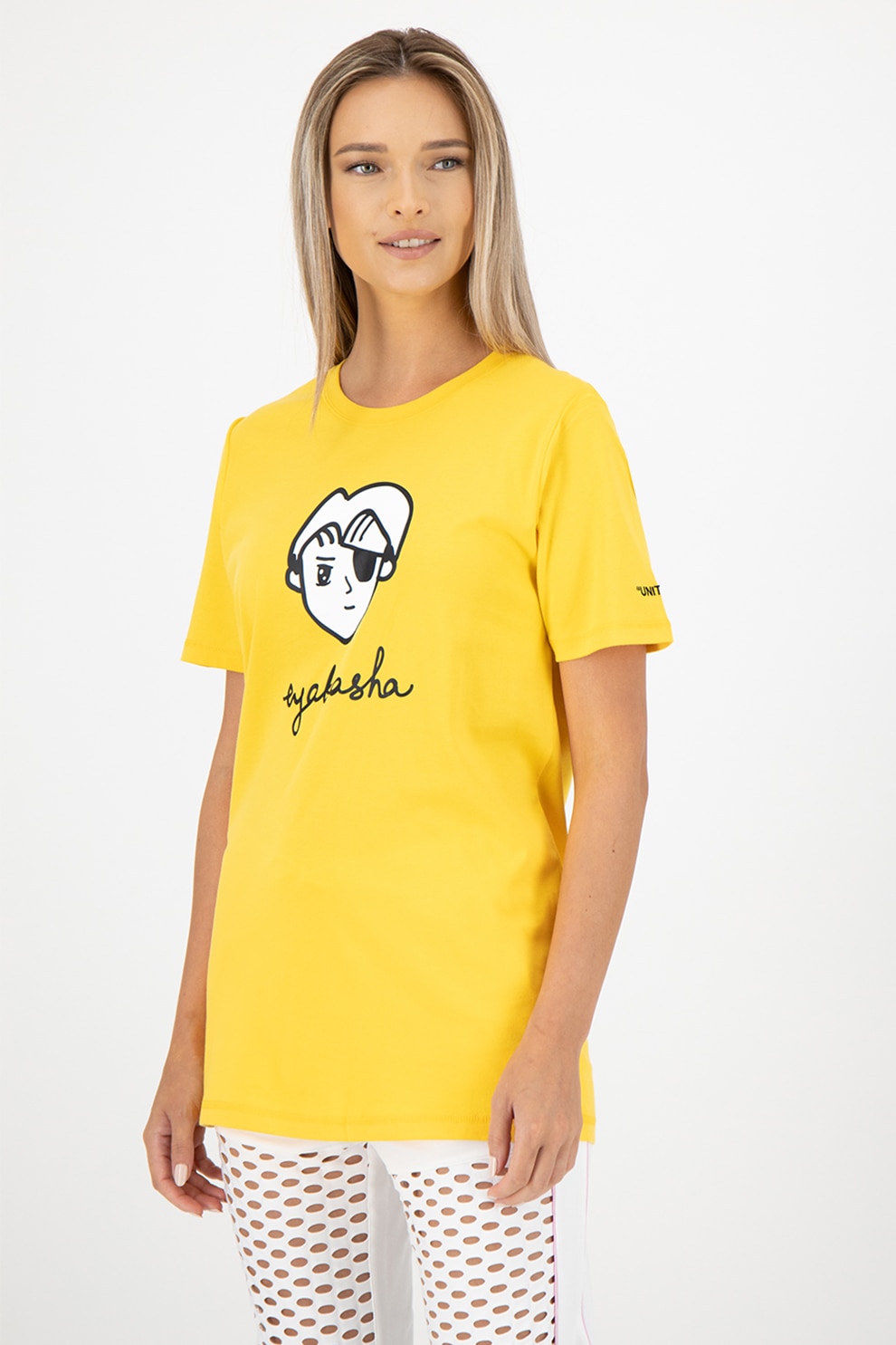 Puma, Tricou unisex cu decolteu la baza gatului si imprimeu grafic, Galben sofran/Alb/Negru