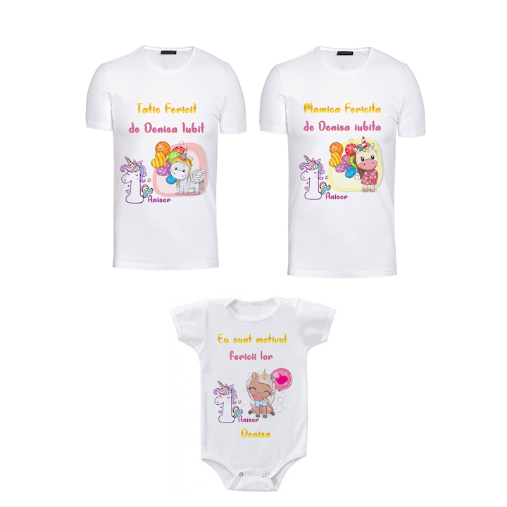 Set 3 tricouri personalizate "Unicorn" Alb , Bumbac M
