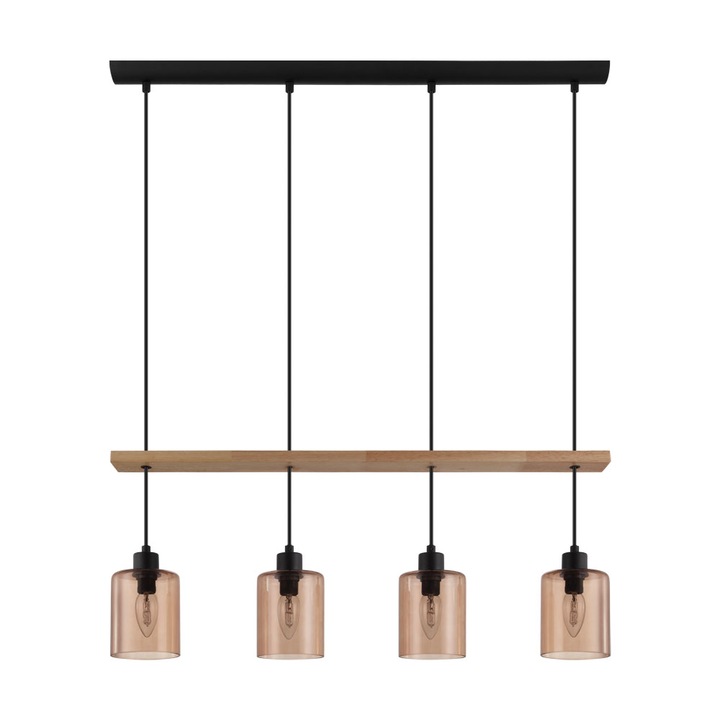 Pendul vintage COOLMONT, EGLO, E14, 4x40W, otel, lemn, sticla, negru, natur, bronz transparent, 110 x 77.5 x 10 cm, inaltime reglabila