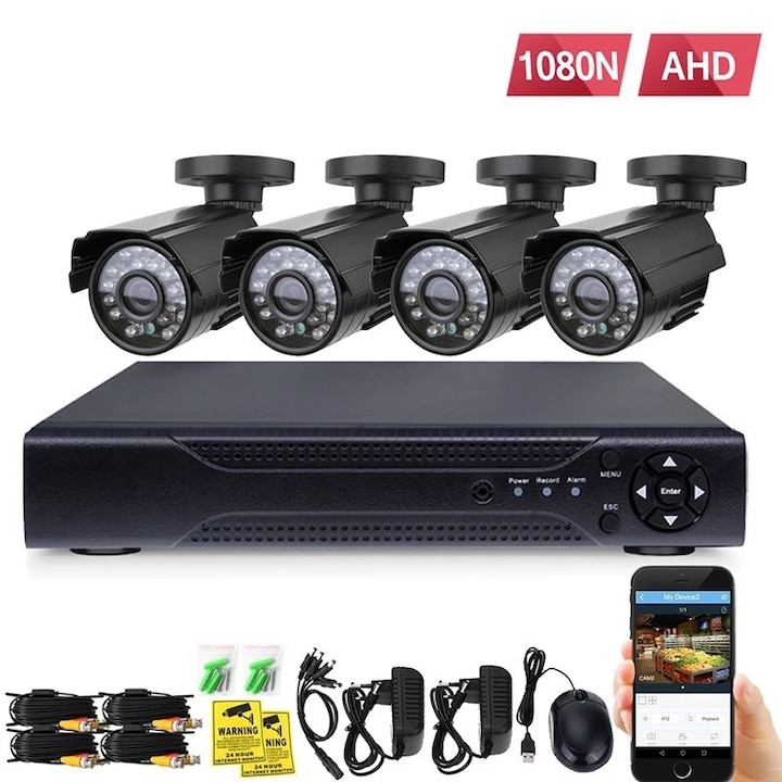 Комплект система за видеонаблюдение BiTec, DVR, 4 камери за открито/закрито, FULL HD 1080p, 1 HDMI, IP, Поддръжка на Icloud, Черен