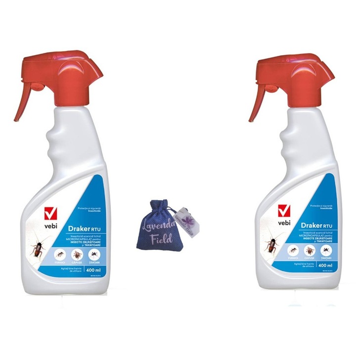 Set 2 x Insecticid Spray Draker RTU anti tantari, gandaci, muste, furnici, 400 ml si sac lavanda LF10 gr