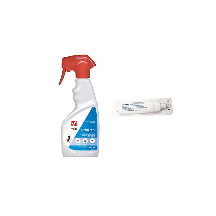 Set Insecticid profesional Spray Draker Rtu, 400ml + fiola Draker 10.2, 15 ml anti gandaci, muste, tantari