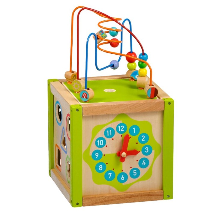 Cub de activitati Montessori, din lemn, cu ceas si abac