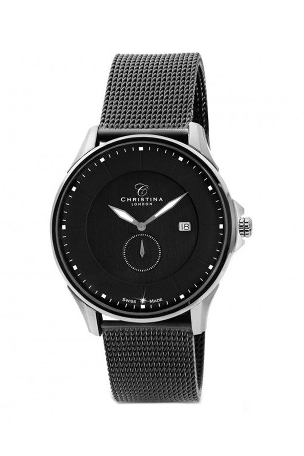 Christina Jewelry& Watches, Ceas cu bratara cu model plasa decorat cu un diamant, Negru/Argintiu