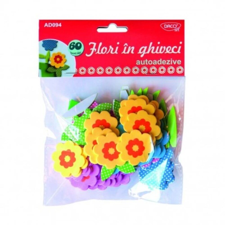 Flori Spuma Autoadeziva DACO, 60 Buc/Set, Model Flori in Ghiveci, Multicolor